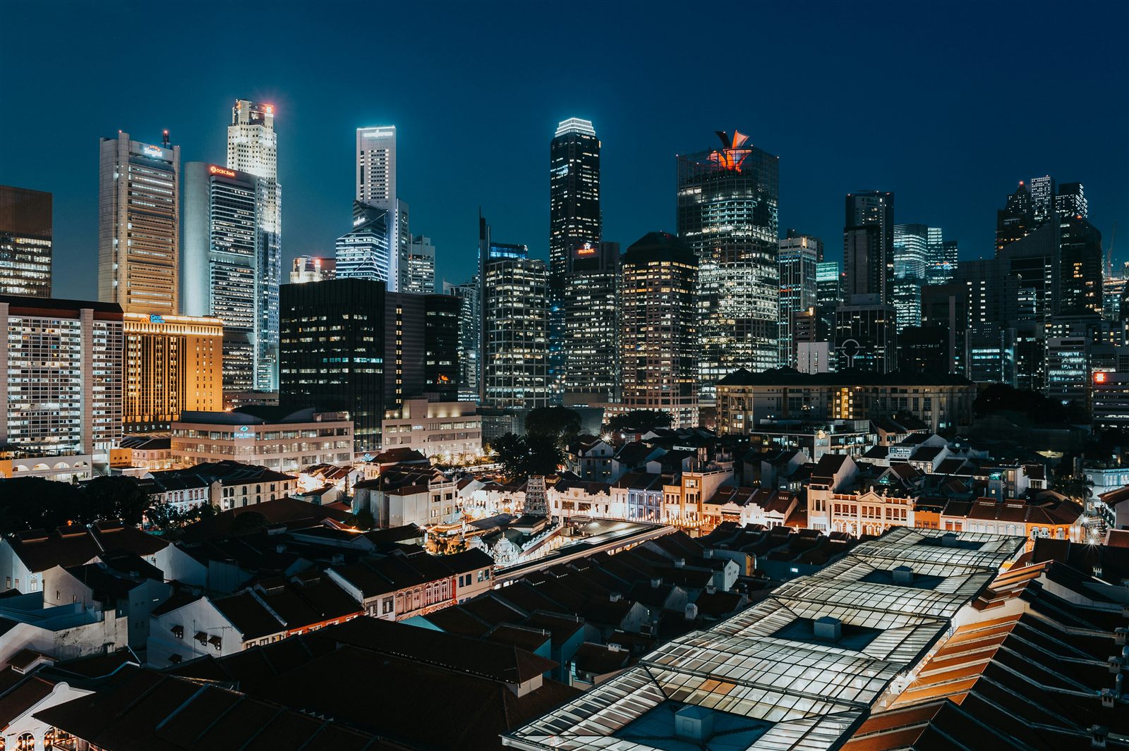 City skyline at night above low rooftops