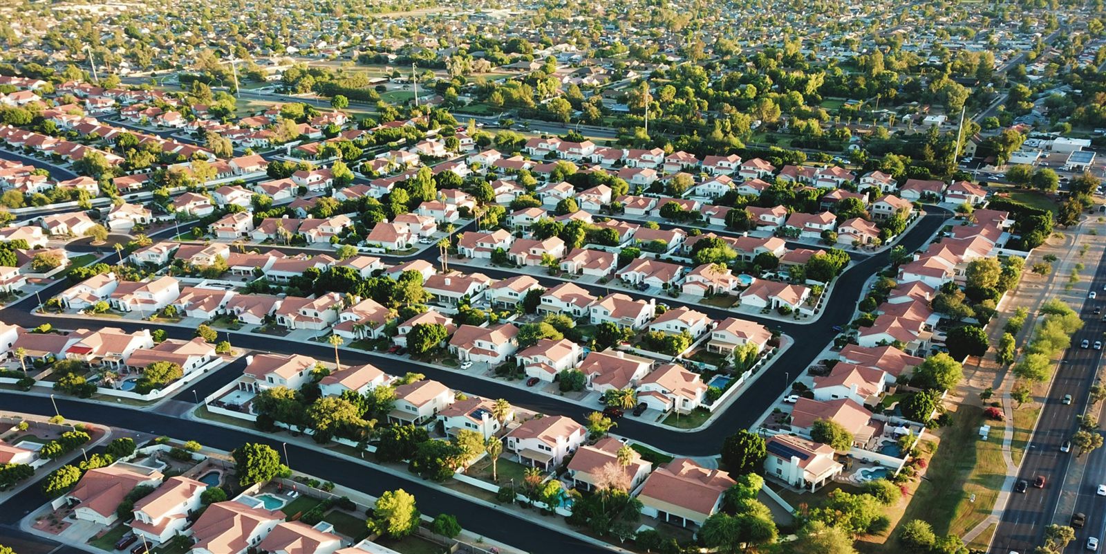 Aerial view of a suburban neighborhood